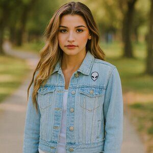 Brandy Melville Denim Jacket Alien Head Patch Distressed Trucker Size Large